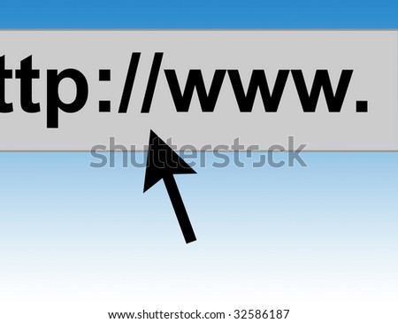 Pointing arrow cursor with web address and internet search box, blue background.