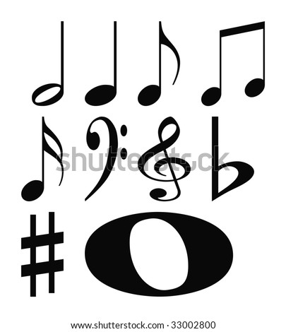 Set of musical notes used in composition, isolated on white background.