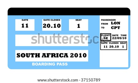 South Africa soccer world cup 2010 boarding pass, isolated on white background.
