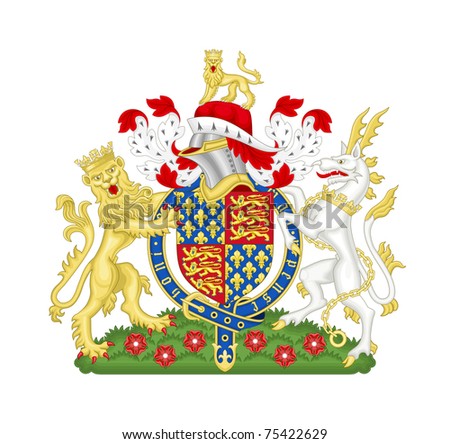 Lion and antelope on English heraldic coat of arms, isolated on white background.