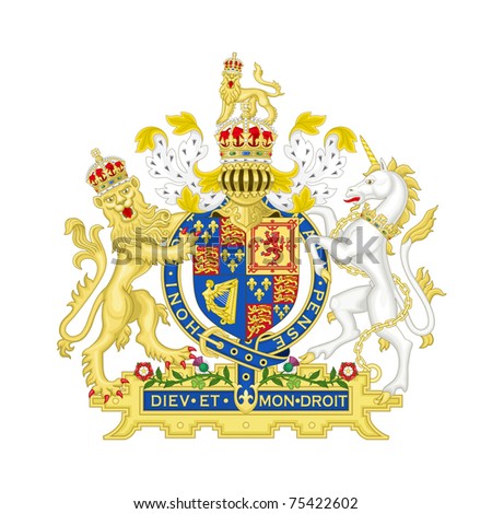 Lion and unicorn on English heraldic coat of arms, isolated on white background.