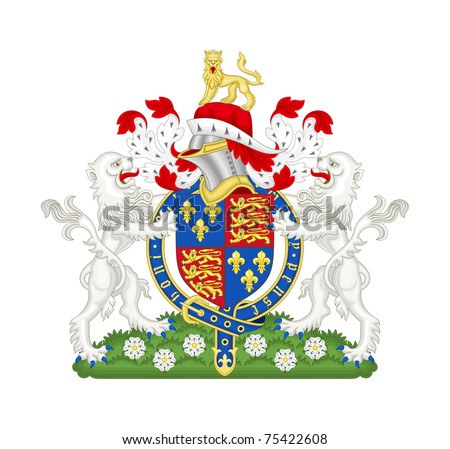 Two lions on English heraldic coat of arms, isolated on white background.