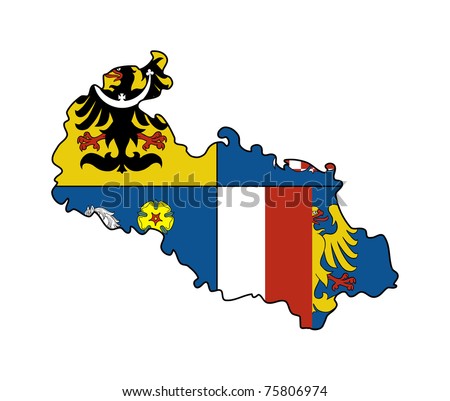 stock photo : Flag of Moravia and Silesia region of Czech Republic on map;