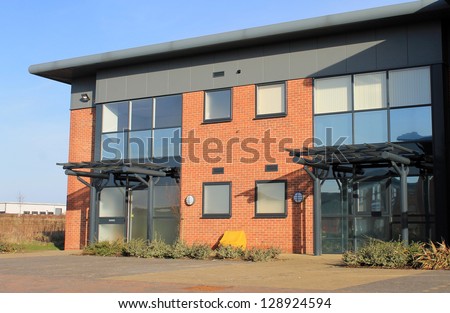 Exterior of empty modern office building on business park, Scarborough, England.