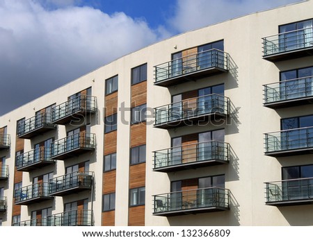 Exterior of modern vacation apartment building, summer scene.