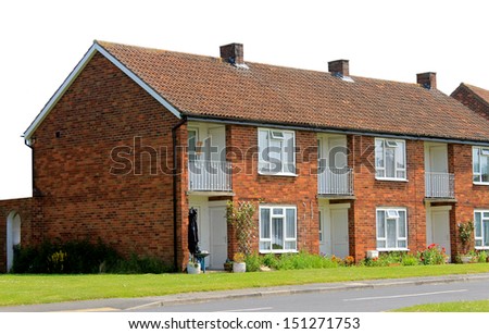 Row of English Terrace houses isolated on a white background.