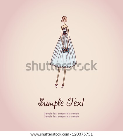 Hand drawn illustration and place for your text Template with image of blonde girl in beautiful cocktail dress and handbag for design and decoration greeting cards scrapbooking Hand drawn illustration and place for your text Template with image of blonde girl in beautiful cocktail dress and handbag for design and decoration greeting cards scrapbooking