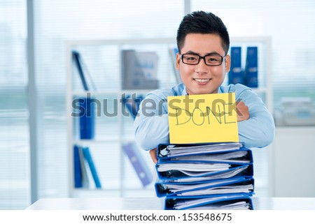 Copy-spaced portrait of a happy businessman having done all job for today on the foreground