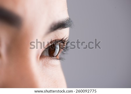 Eye of woman wearing hazel contact lenses