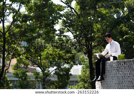 Vietnamese businessman sitting on the top of the wall and using laptop: business and technology concept