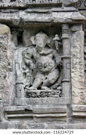 CHAMPANER PAVAGADH, GUJARAT, INDIA-OCT. 2: Ancient Ganesha sculpture at Lakulisa Temple on October 2, 2012 in Champaner Pavagadh, India.The temple is a UNESCO World Heritage site built in 10th century