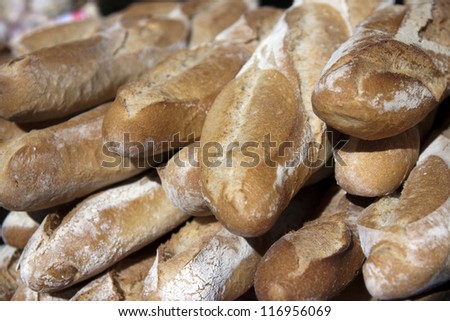 Show-window with the French baguettes