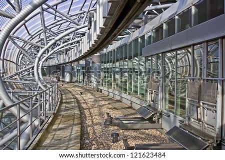Dusseldorf, Germany. Metal designs of the suspended road at the airport