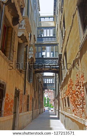 Unique Italian city of Venice. Narrow ancient streets in the Italian style