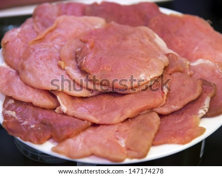 The crude pork chops prepared for further processing