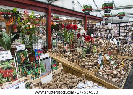 Amsterdam, The Netherlands, April 13, 2012. Sale of seeds , plants and flowers in the flower market . Floating flower market is one of the city\'s attractions