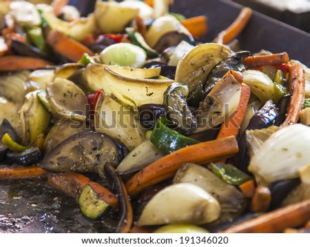 Budapest, Hungary, Fair. The mixture was stir-fried vegetables on a baking sheet in an outdoor cafe