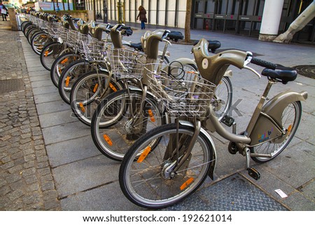Paris, France, May 2, 2013 . Bicycle rental on Parisian street