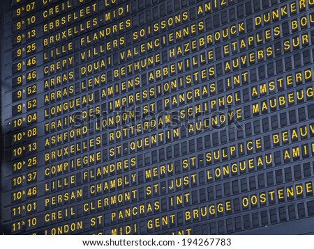Paris, France, May 5, 2013 . Schedule of arrival and departure of trains North Station (Gare du Nord)