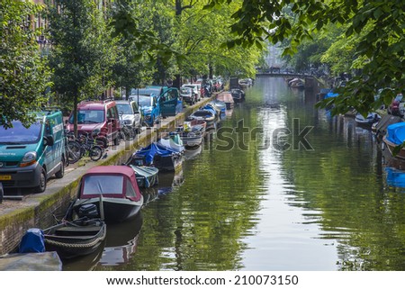 Amsterdam, Netherlands, on July 10, 2014. Typical urban view with houses on the bank of the channel and reflection in the water