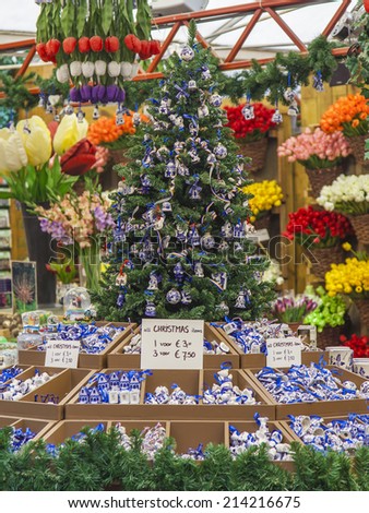Amsterdam, Netherlands, on July 9, 2014. Sale of Christmas-tree decorations in national style