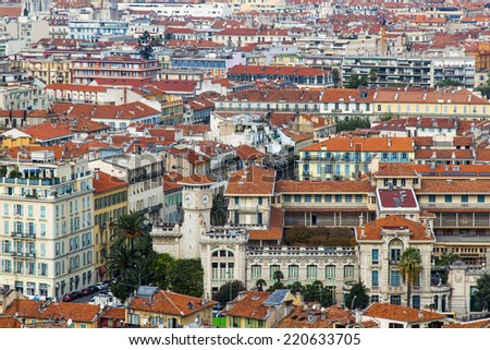 Nice, France, on October 16, 2012. A view of the city from Shatto\'s hill. Red roofs of the old city