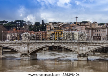 Rome, Italy, on February 21, 2010. A view of embankments of Tiber and the bridge through the river