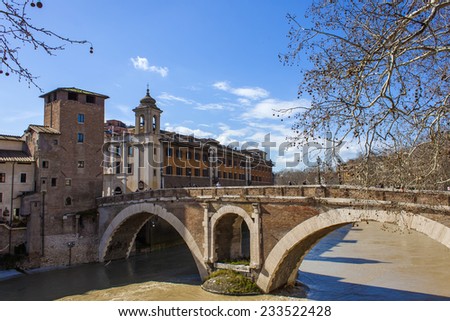 Rome, Italy, on February 25, 2010. A view of embankments of Tiber and the bridge through the river