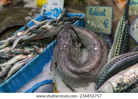 Paris, France, on May 4, 2013. Fish and seafood on a counter of the street market