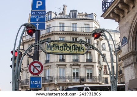 Paris, France, on March 24, 2011. The typical design of registration of an entrance to the subway executed in style Nouveau art
