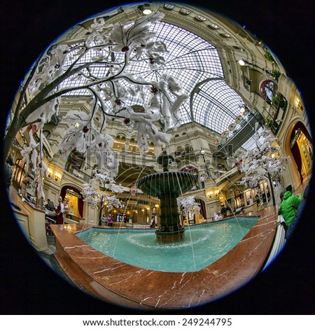 Moscow, Russia, on January 27, 2014. GUM shop trading floor of by fisheye view. The GUM is historical sight of Moscow and the recognized center of shopping