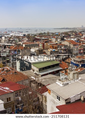 Istanbul, Turkey. April 28, 2011. A view of houses on the bank of the Bosphorus. Urban roofs.