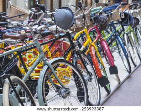 Moscow, Russia, on February 15, 2015. Various bicycles are exposed in a trading floor of GUM shop