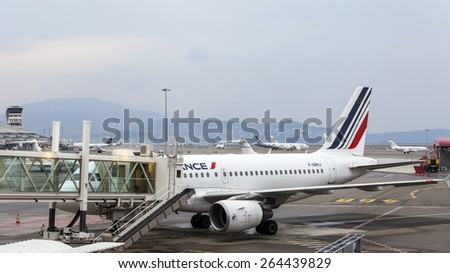 Nice, France, on March 14, 2015. Land service of the plane of AirFrance airline at the Cote d Azur airport