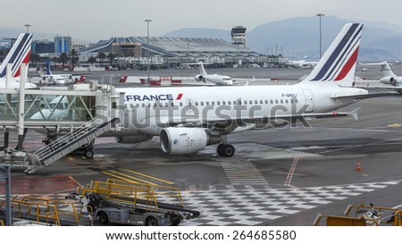 Nice, France, on March 14, 2015. Land service of the plane of AirFrance airline at the Cote d Azur airport