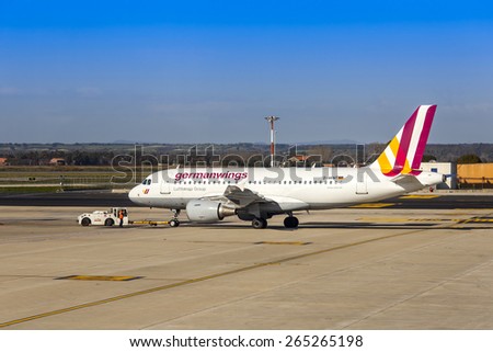 Rome, Italy, on March 6, 2015. Land service of the plane of Germanwings airline at the Fiumichino airport