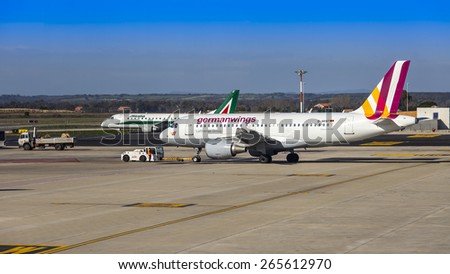Rome, Italy, on March 6, 2015. Land service of the plane of Germanwings airline at the Fiumichino airport