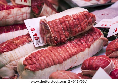 Meat on a counter of butcher shop