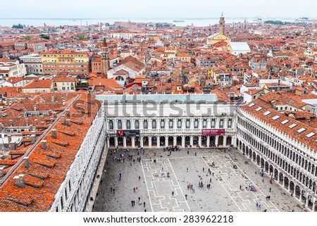 VENICE, ITALY - on APRIL 30, 2015. The top view from San Marco kampanilla on San-Marko Square and roofs of ancient palaces
