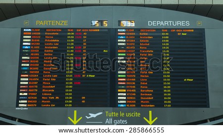 VENICE, ITALY, on MAY 5, 2015. Marco Polo's airport, hall of departures. A board with the schedule of departures of planes