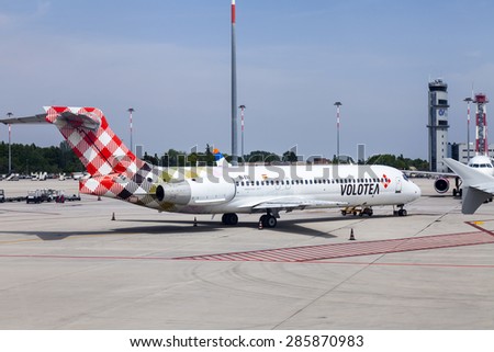 VENICE, ITALY, on MAY 5, 2015. Marco Polo\'s airport. Preflight service of the plane near the airport building