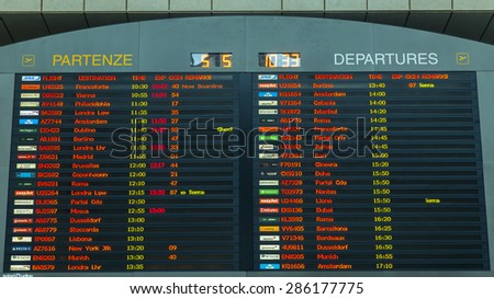 VENICE, ITALY, on MAY 5, 2015. Marco Polo\'s airport, hall of departures. A board with the schedule of departures of planes