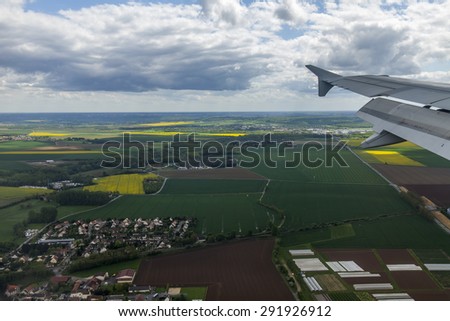PARIS, FRANCE - on MAY 5, 2015. The top view on the vicinity of Paris from a window of the plane coming in the land at the airport Charles De Gaulle