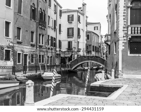VENICE, ITALY - on MAY 3, 2015. The typical Venetian landscape: street canal, boats and old houses on coast