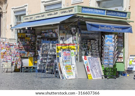 ROME, ITALY, on AUGUST 25, 2015. Booth, trade in newspapers, multimedia and periodicals