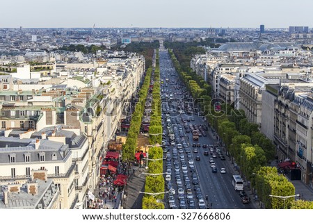 PARIS, FRANCE, on AUGUST 30, 2015. The top view from a survey platform on Arc de Triomphe on the Champs Elysee.