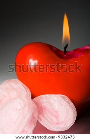 red shape heart shining candle with pink roses