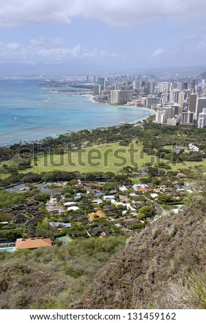 Hawaii, Aerial view of Eastern Waikiki below Diamond Head, by Kapiolani Regional Park.