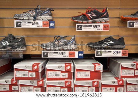 HONOLULU - FEBRUARY 10, 2013: A New Balance shoe display at a sporting goods store.  Unlike many of their competitors, New Balance does not outsource manufacturing to other countries.