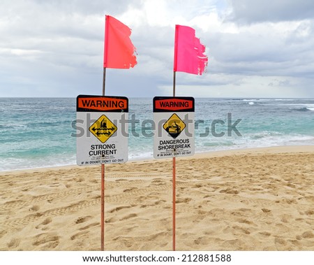 Signs on Sunset Beach warn off strong current and a dangerous shorebreak.